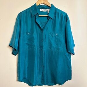 Jane Ashley Silk Button Down Relaxed Teal Medium Minimal Office Career Top